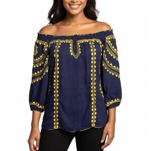 Poupette St. Barth Navy & Yellow Embroidered Batik Pattern Off Shoulder Top M